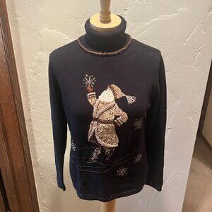 Talbots Black Turtleneck Holiday Sweater Ice Skating Santa Size Large